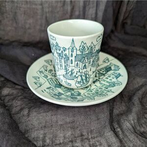 Nymolle Art Faience Hoyrup Denmark Cup & Saucer 6007 Village Harbor Scene 1970s